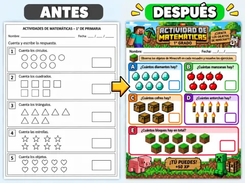 Antes: hoja tradicional. Después: actividad Minecraft Matemáticas