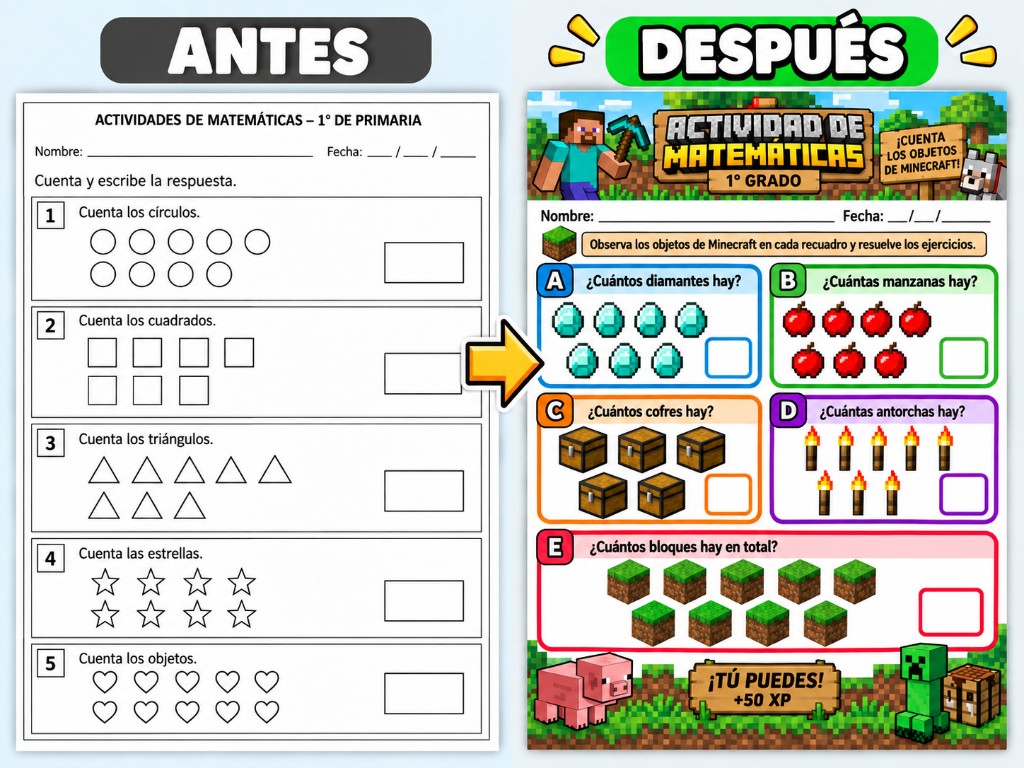Antes: hoja tradicional. Después: actividad Minecraft Matemáticas